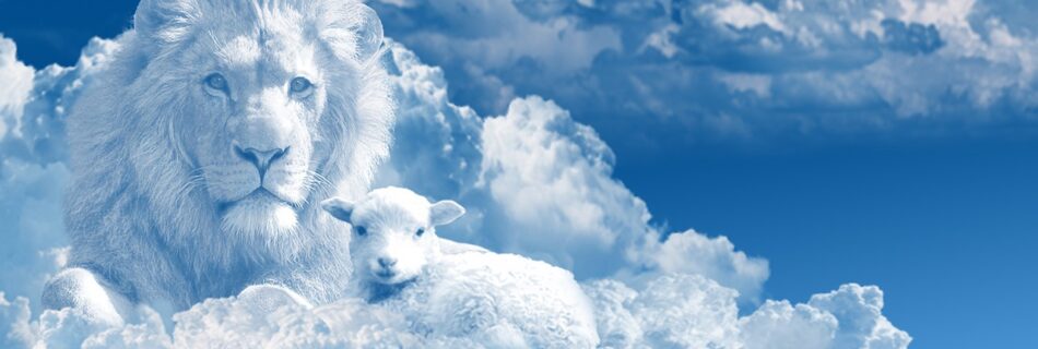 Blue sky with a lion and lamb in the clouds