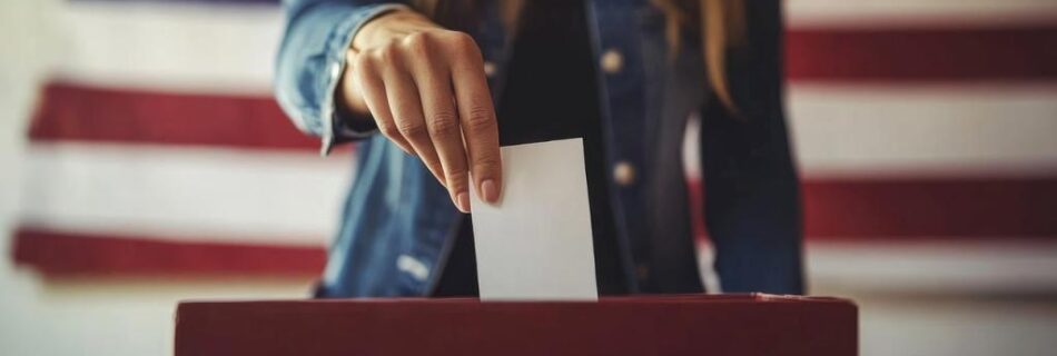 Girl Voting. USA Flag background